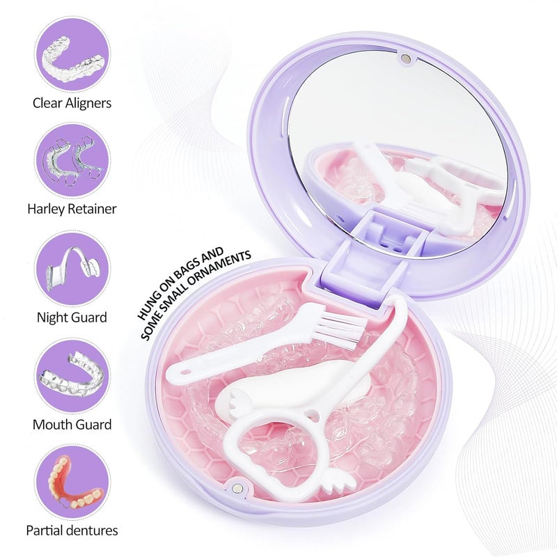 Gaboolo Store Retainer Case with Mirror and Lanyard,Slim Aligner Case with Vent Holes,Cute Dental Brace Box with Retainer Removal Tool and Brush (Purple Pink with Lanyard) - Image 5